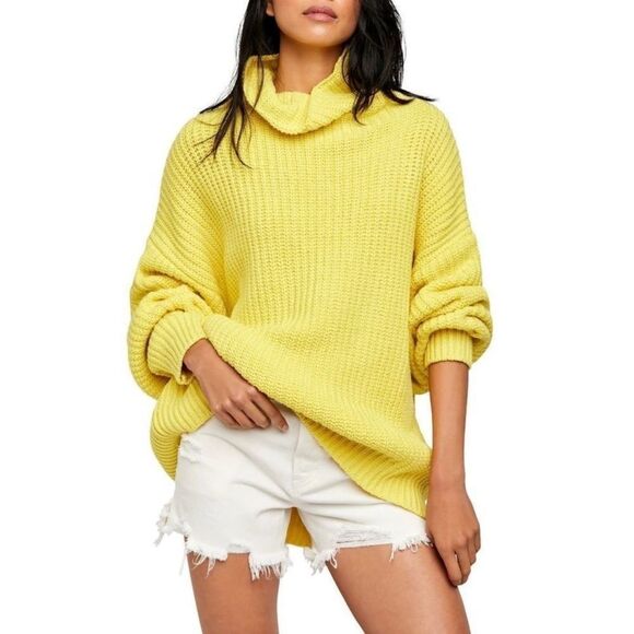 Free People Size Small Oversized Swim Too Deep Lemon Yellow Cowl Neck Sweater - Picture 1 of 12